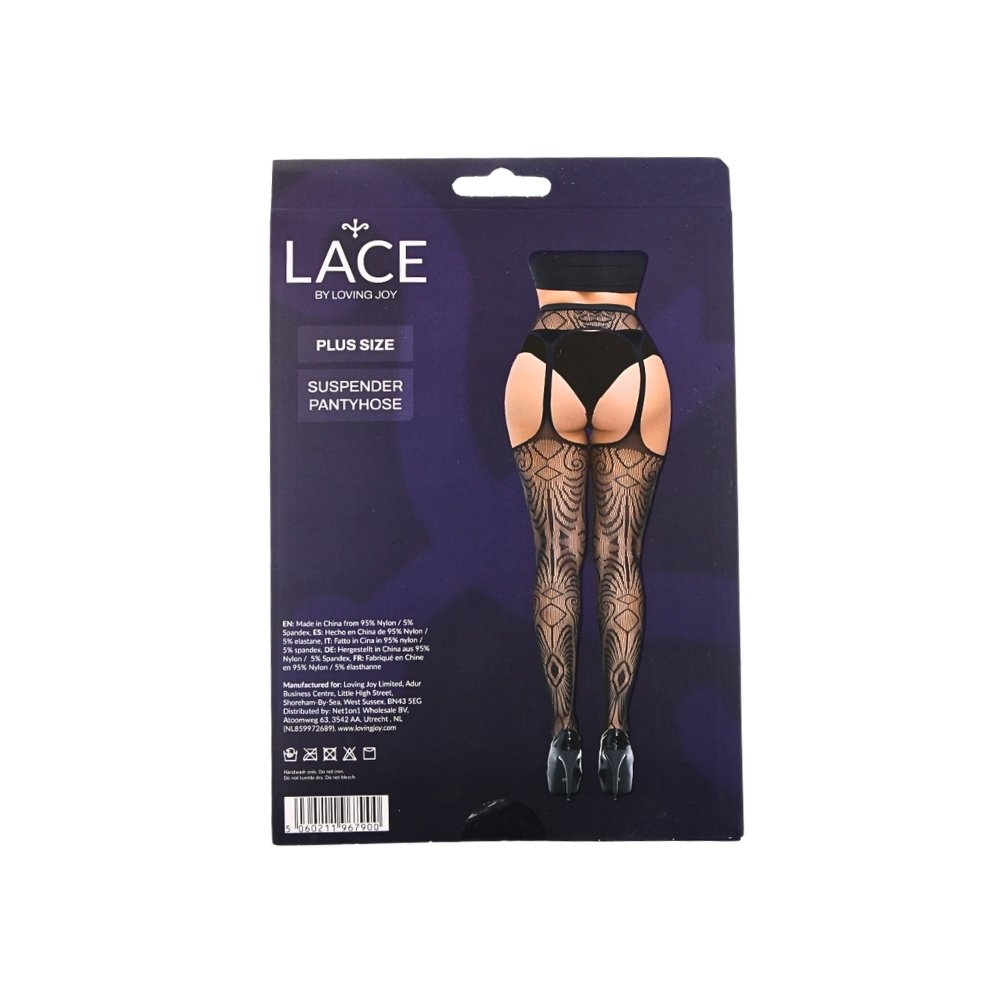 Lace by LJ plus size suspender pantyhose packaging with patterned hosiery design