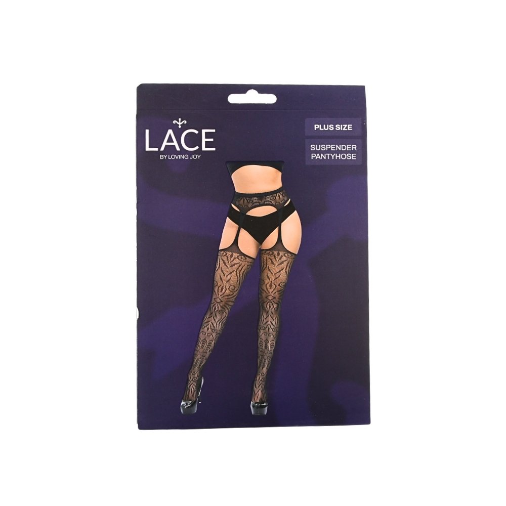 Lace by LJ plus size suspender pantyhose packaging with patterned hosiery design