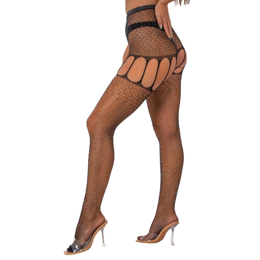 black rhinestone suspender tights with cut-out sides and fishnet pattern, shown on model with high heels