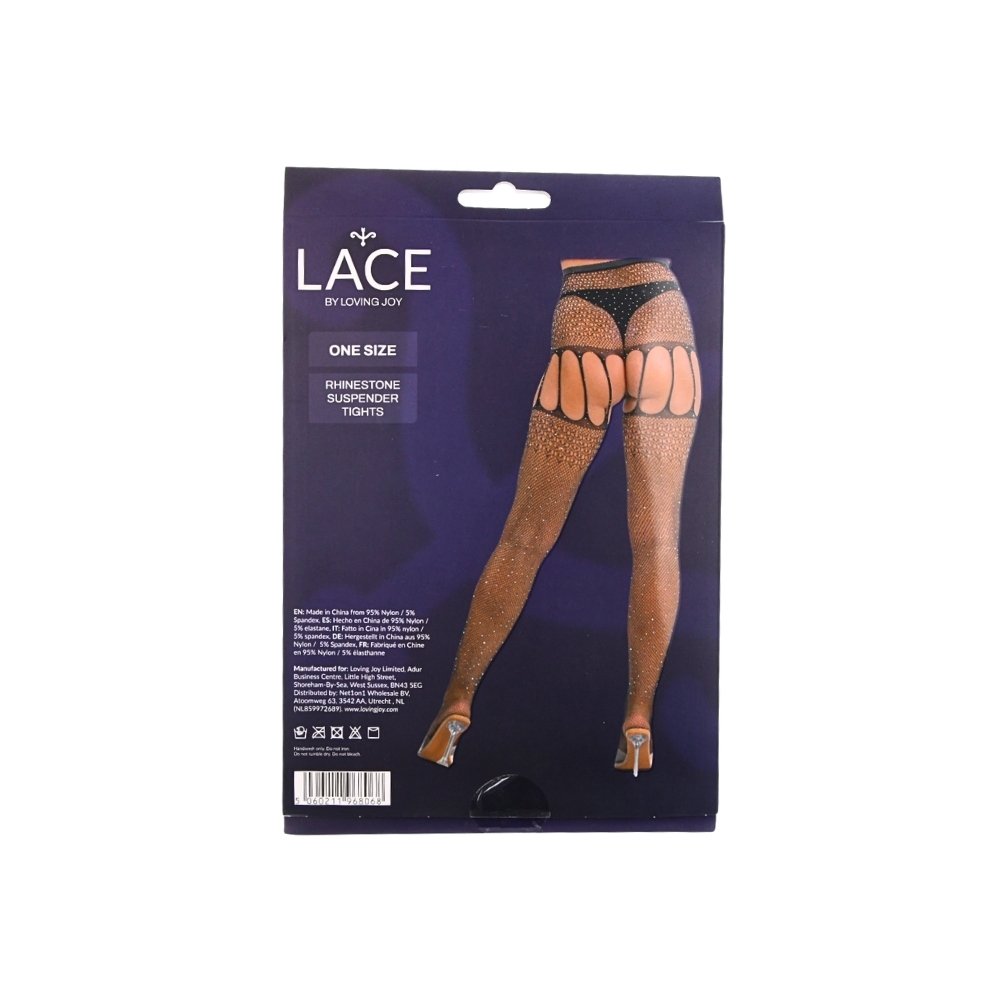 Lace by LJ black rhinestone suspender tights packaging showing hosiery design and one size label