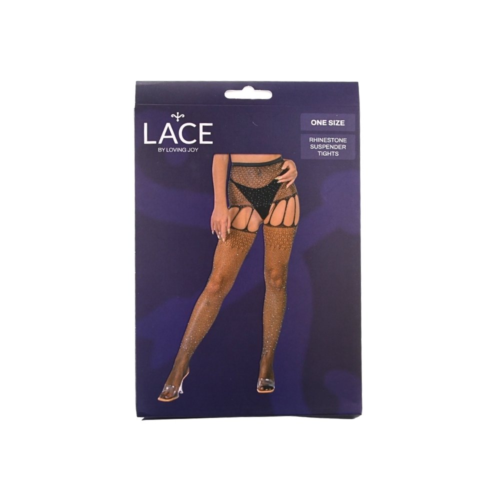 Lace by LJ packaging showing black rhinestone suspender tights with cutout design, one size