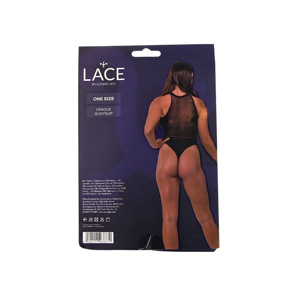 Lace by Loving Joy opaque black bodysuit packaging showing back view of model wearing one size teddy