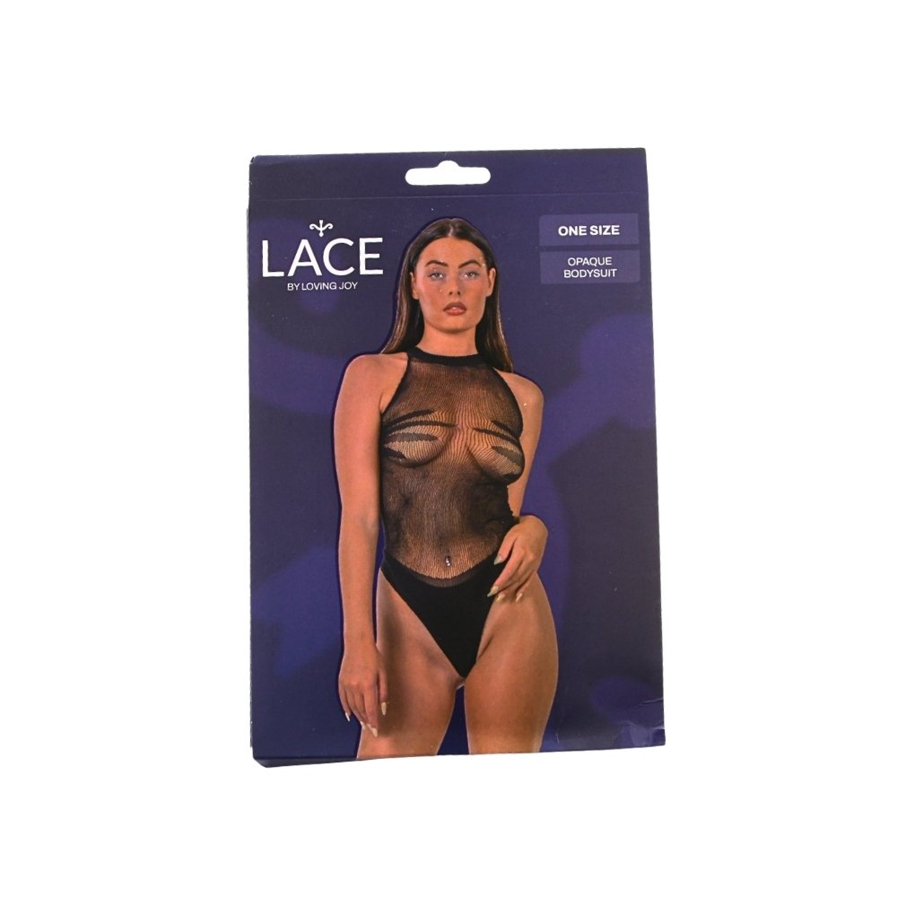Lace by LJ opaque black bodysuit packaging with model wearing sheer halter neck teddy