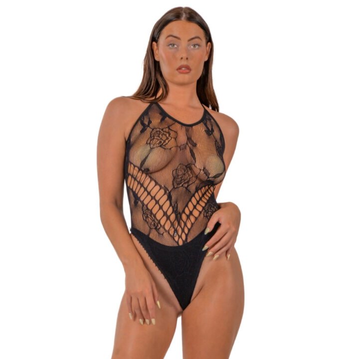 Lace by LJ Floral Halter Bodysuit Black