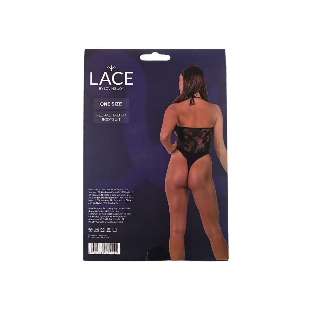 Lace by LJ packaging showing black floral halter bodysuit with sheer lace back design, one size