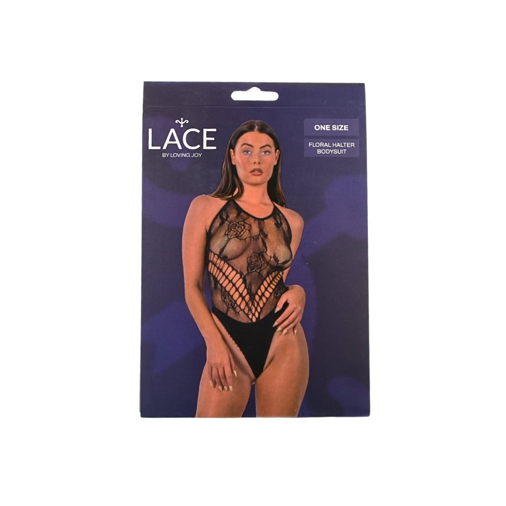 Lace by LJ floral halter bodysuit packaging with model wearing black mesh teddy
