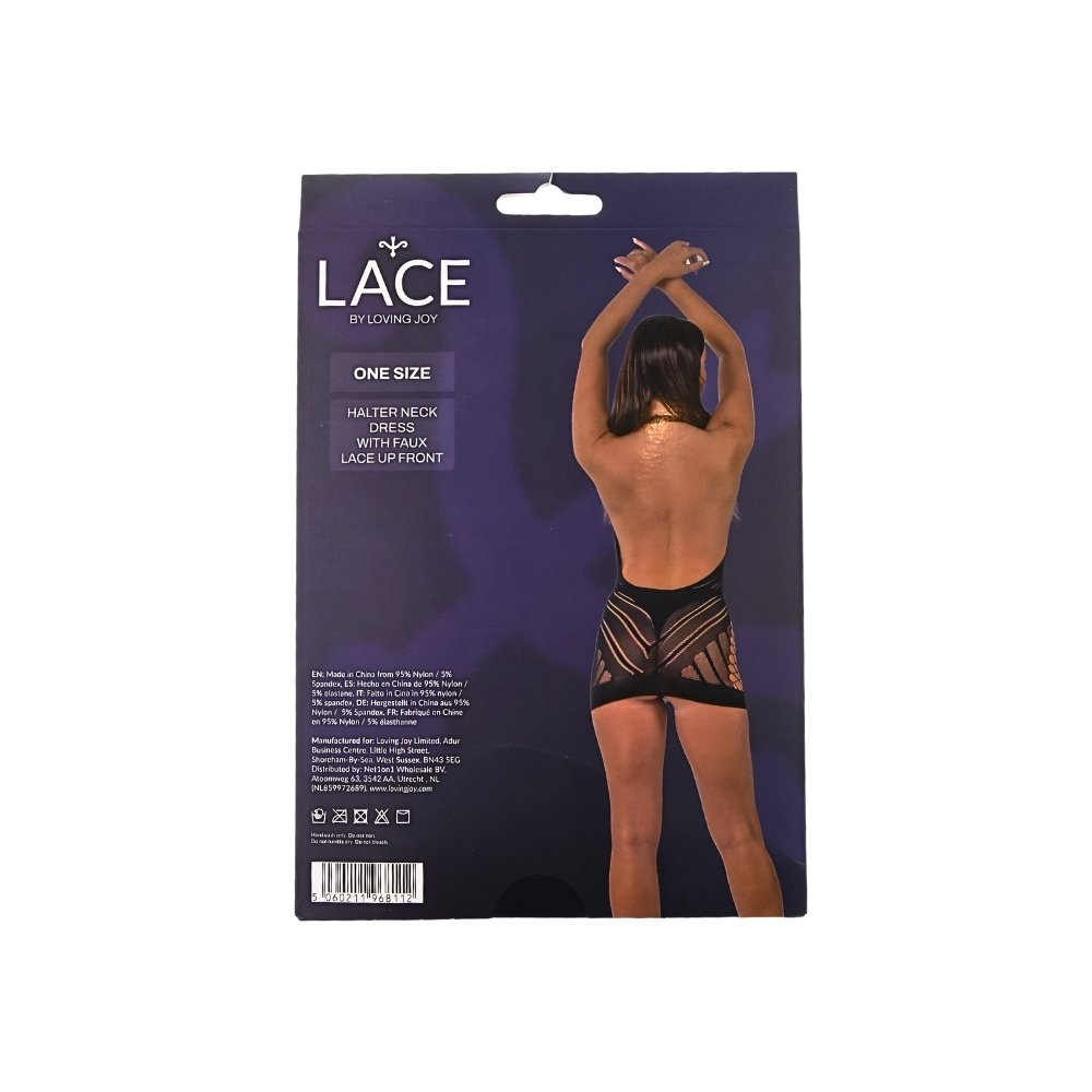 Lace by Loving Joy halter neck dress packaging showing back view of model in black mini dress with sheer panels