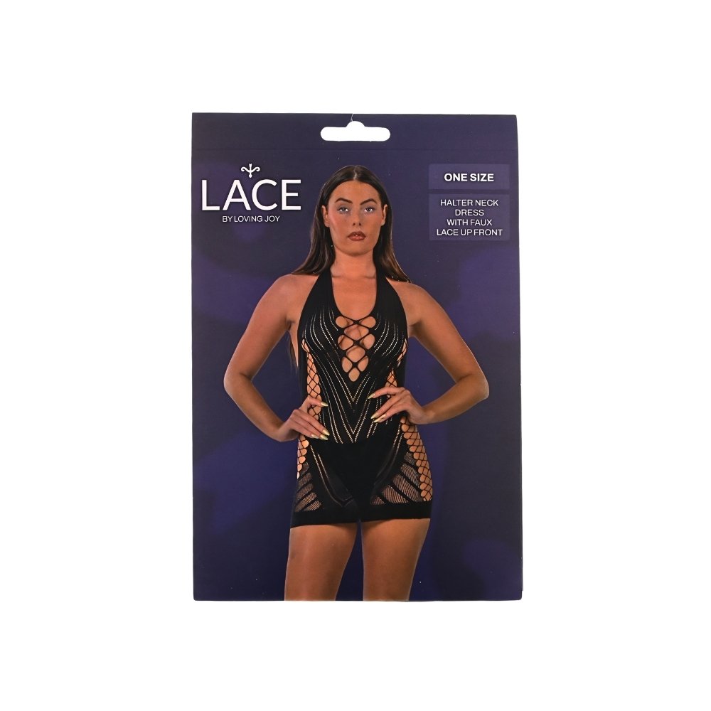 Lace by LJ halter neck dress with faux lace up front in black, displayed on retail packaging