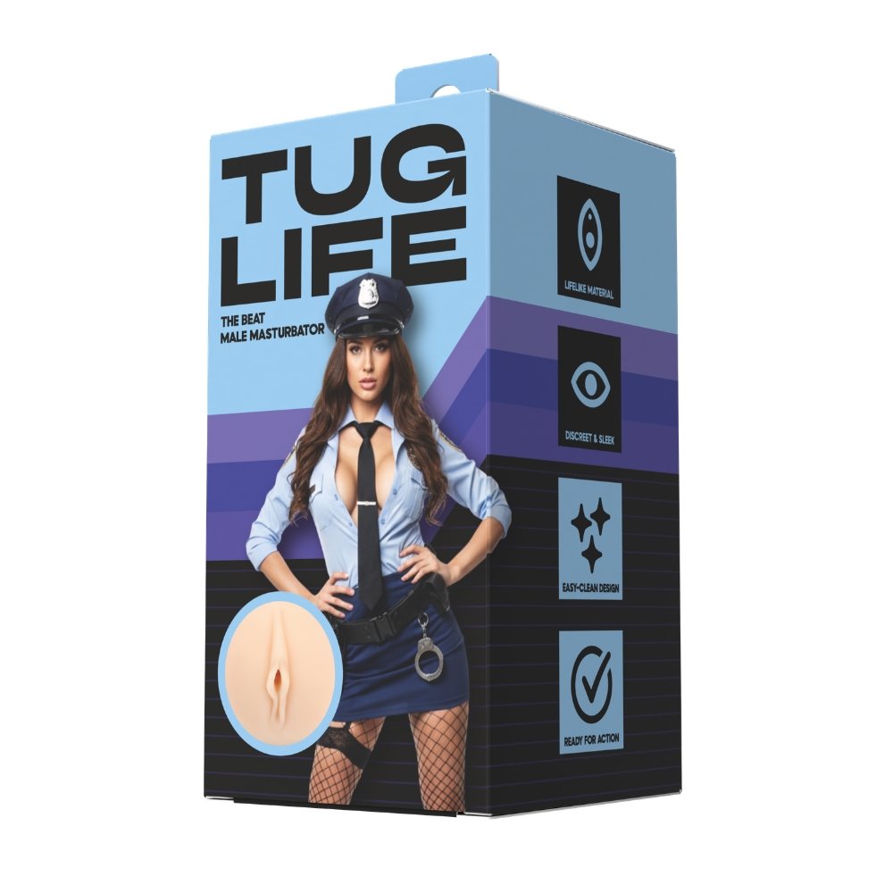 Tug Life The Beat Male Masturbator retail box with police-themed artwork and product features