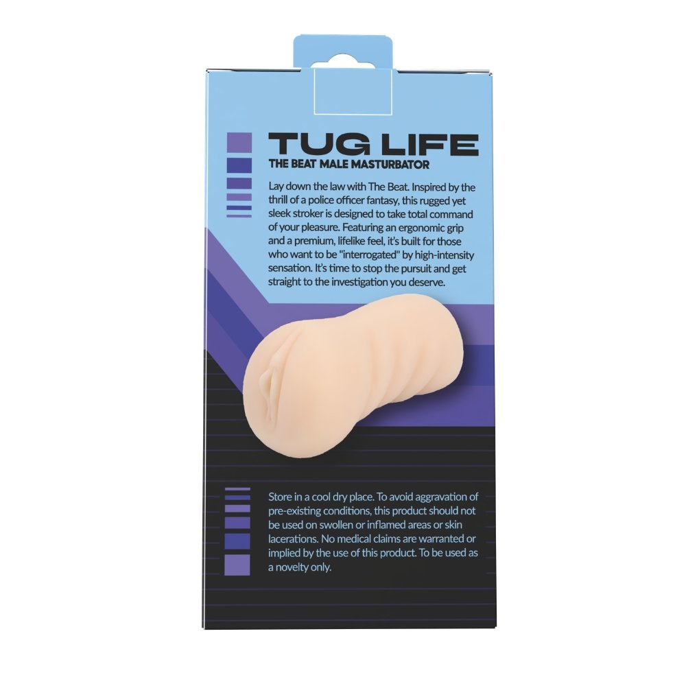 Tug Life The Beat Male Masturbator retail packaging with product and description on blue and black background