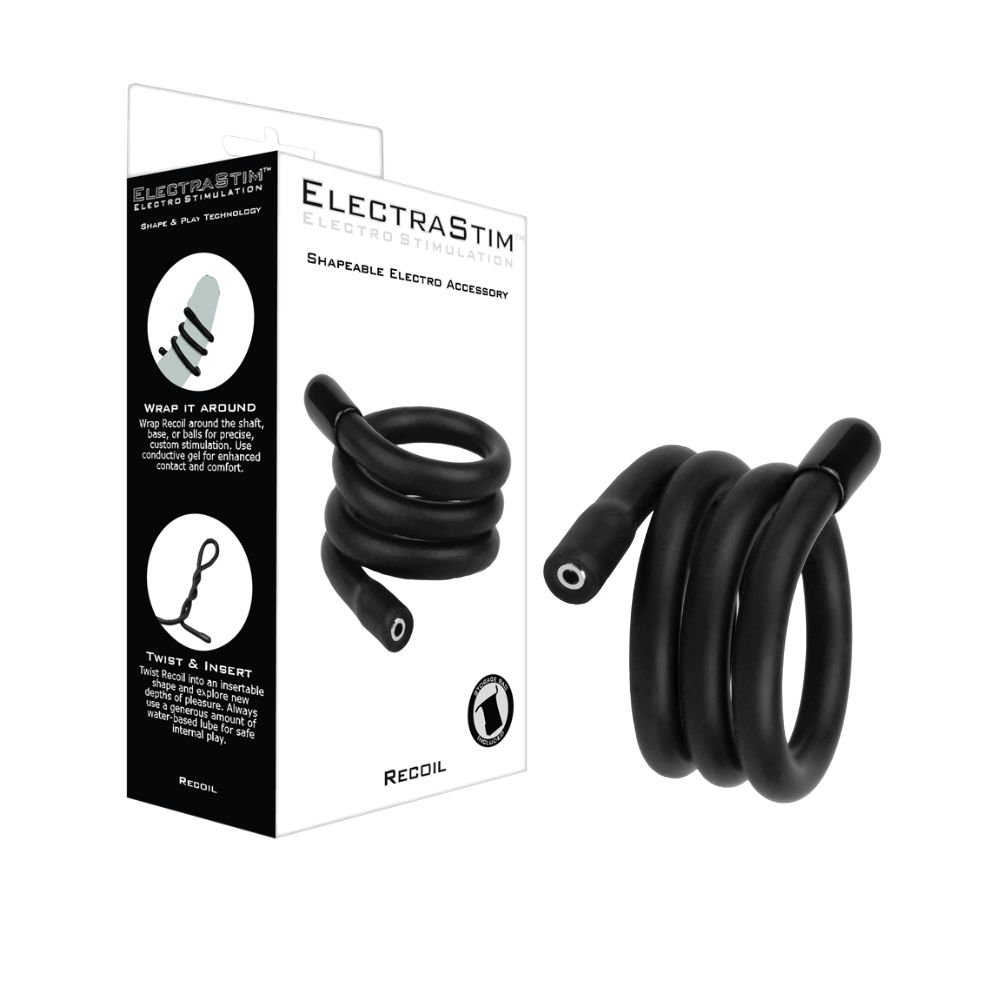 ElectraStim Recoil shapeable black electrode accessory with coiled design and branded packaging