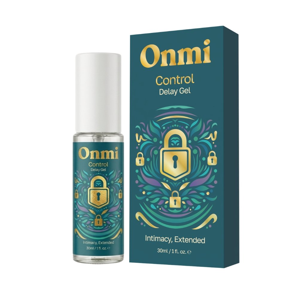 Onmi Control Delay Gel bottle and box with gold lock design, labeled 'Intimacy, Extended', 30ml size