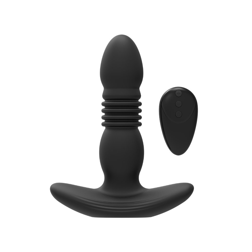 Black prostate massager with ribbed shaft and curved base, shown next to a black wireless remote control