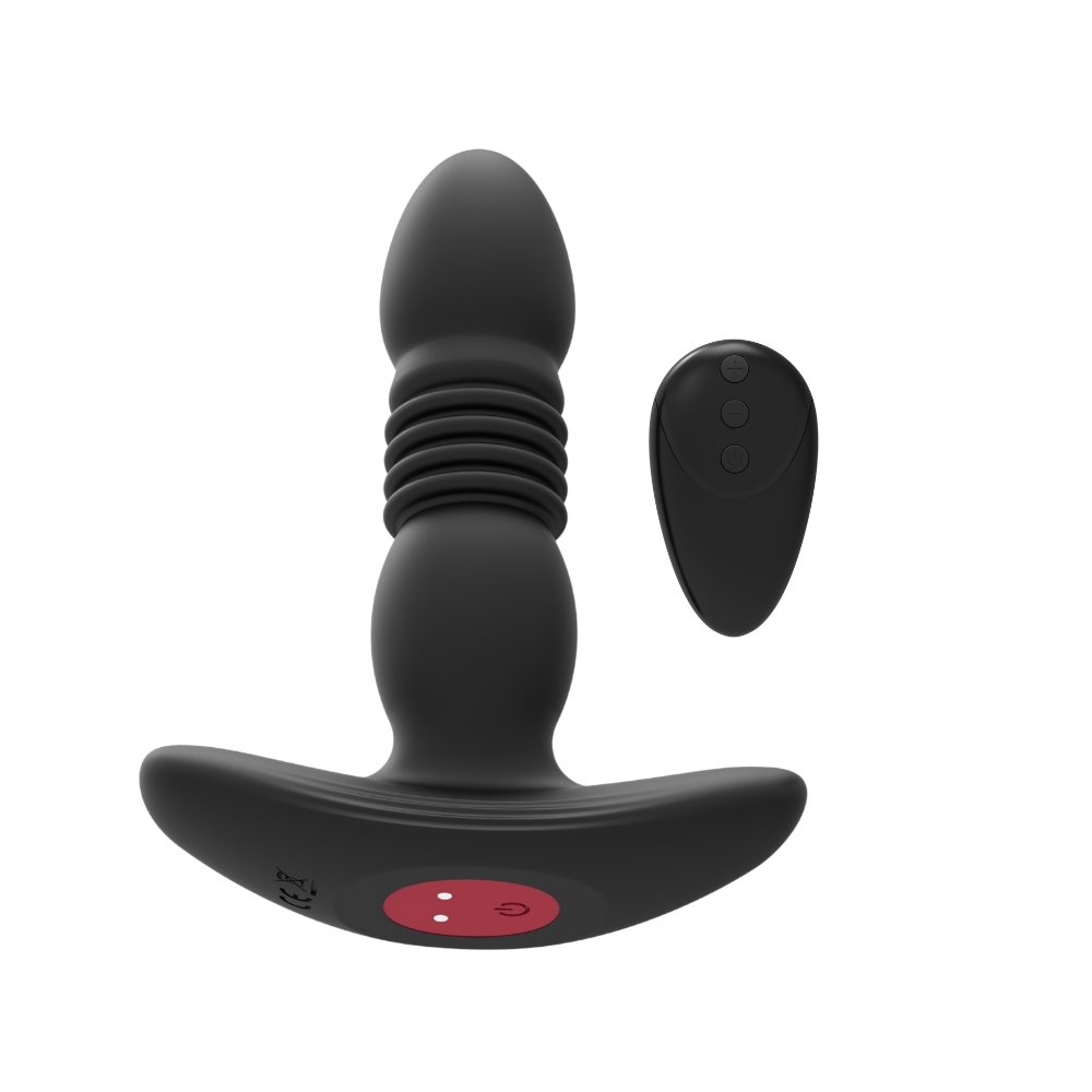 REV black prostate massager with ribbed shaft and curved base, shown with matching wireless remote control