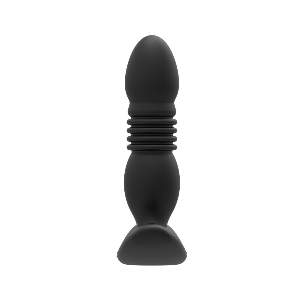 REV black prostate massager with ribbed midsection and rounded tip, designed for targeted stimulation