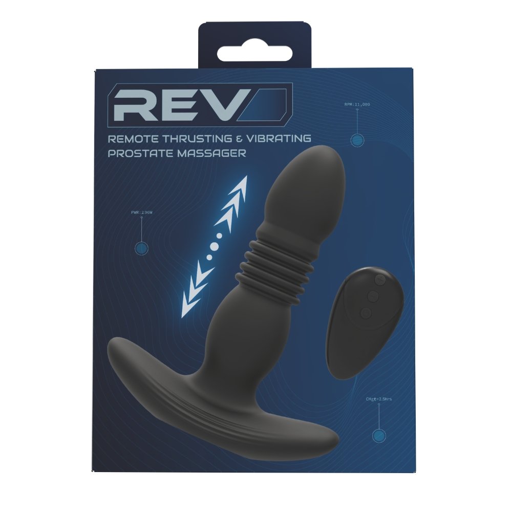 REV remote thrusting and vibrating prostate massager with wireless control in retail packaging