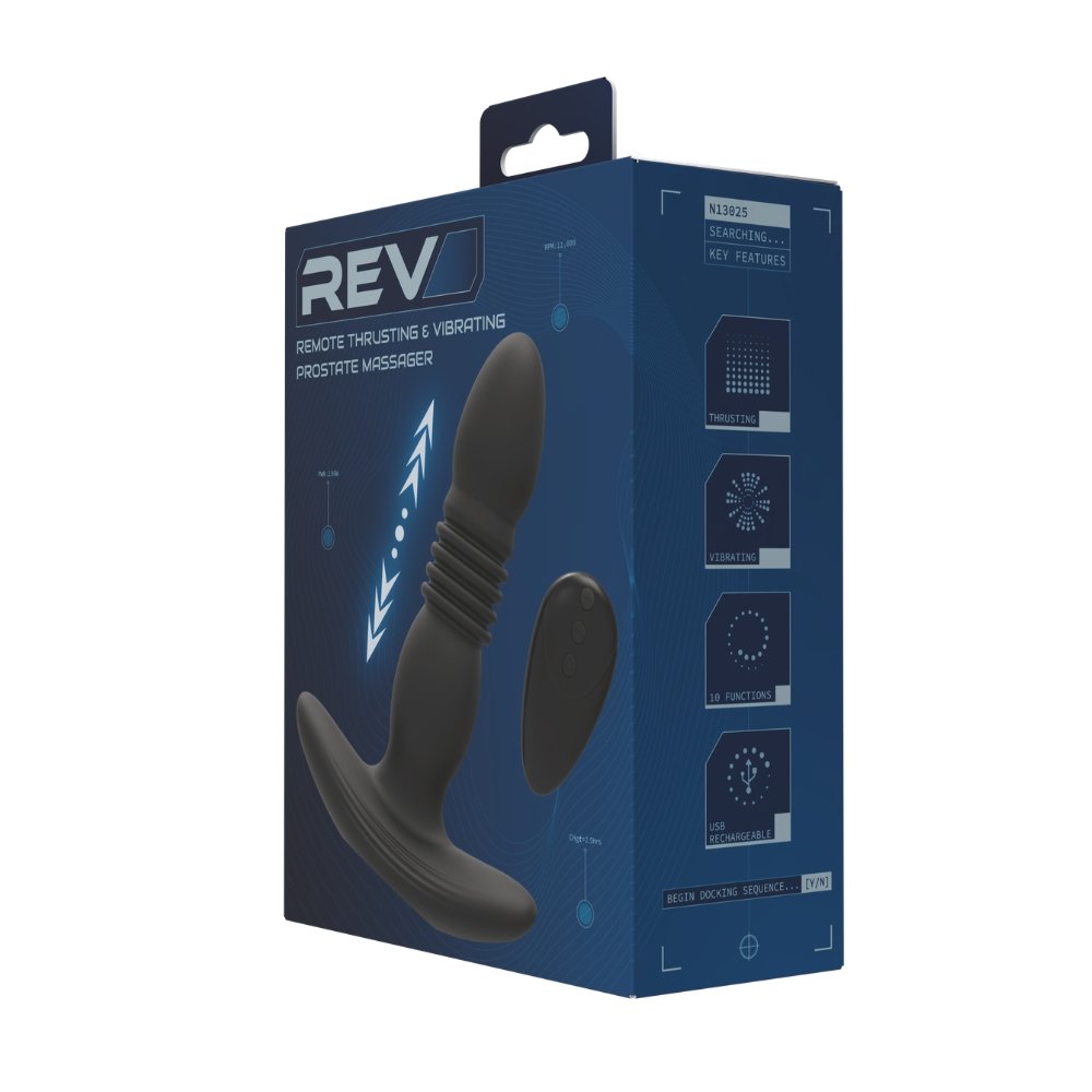 REV remote thrusting and vibrating prostate massager with wireless remote in blue retail packaging