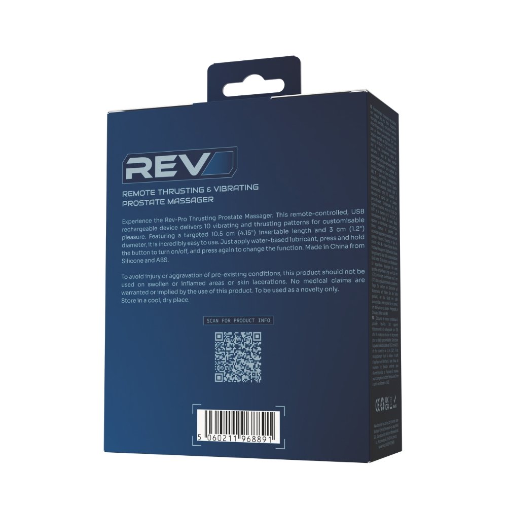 REV Pro remote thrusting and vibrating prostate massager retail box with product details, barcode, and QR code