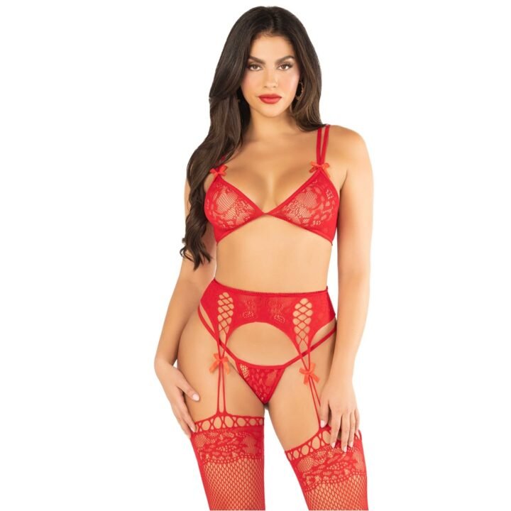 Leg Avenue Bra Top, String and Garter Belt Stockings Red