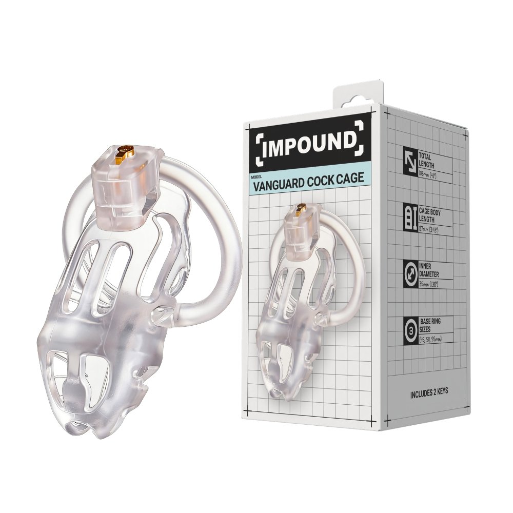 Impound Vanguard Cock Cage transparent device with lock and packaging, includes two keys