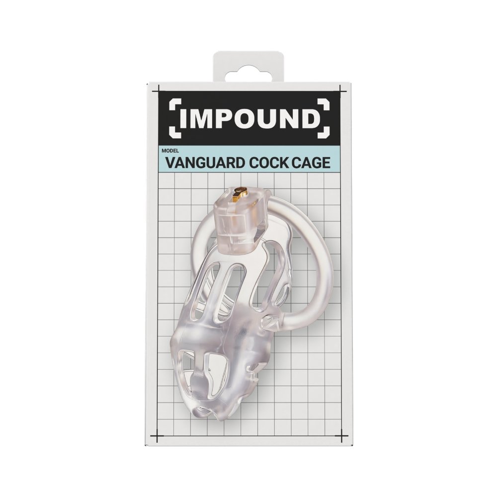 Impound Vanguard Cock Cage transparent chastity device with lock in retail packaging, grid background