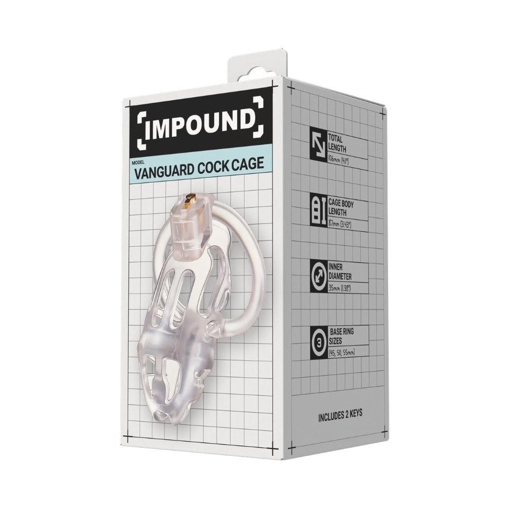 Impound Vanguard Cock Cage packaging with transparent cage, lock, and sizing details for cock rings and cages