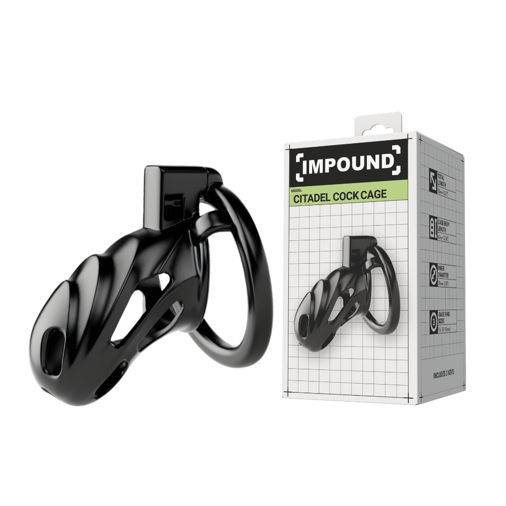 Impound Citadel Cock Cage in black with packaging, designed for use as a cock ring and cage