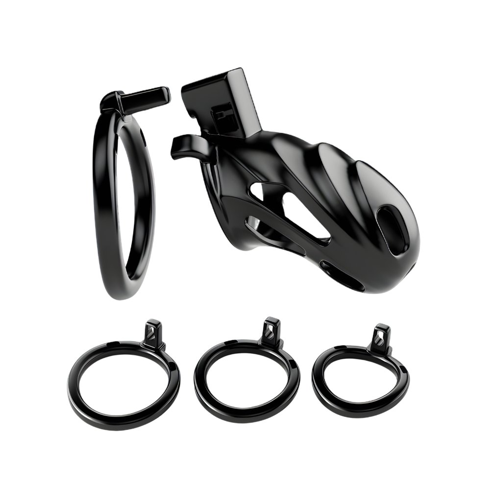 Impound Citadel black cock cage with four interchangeable rings, designed for male chastity