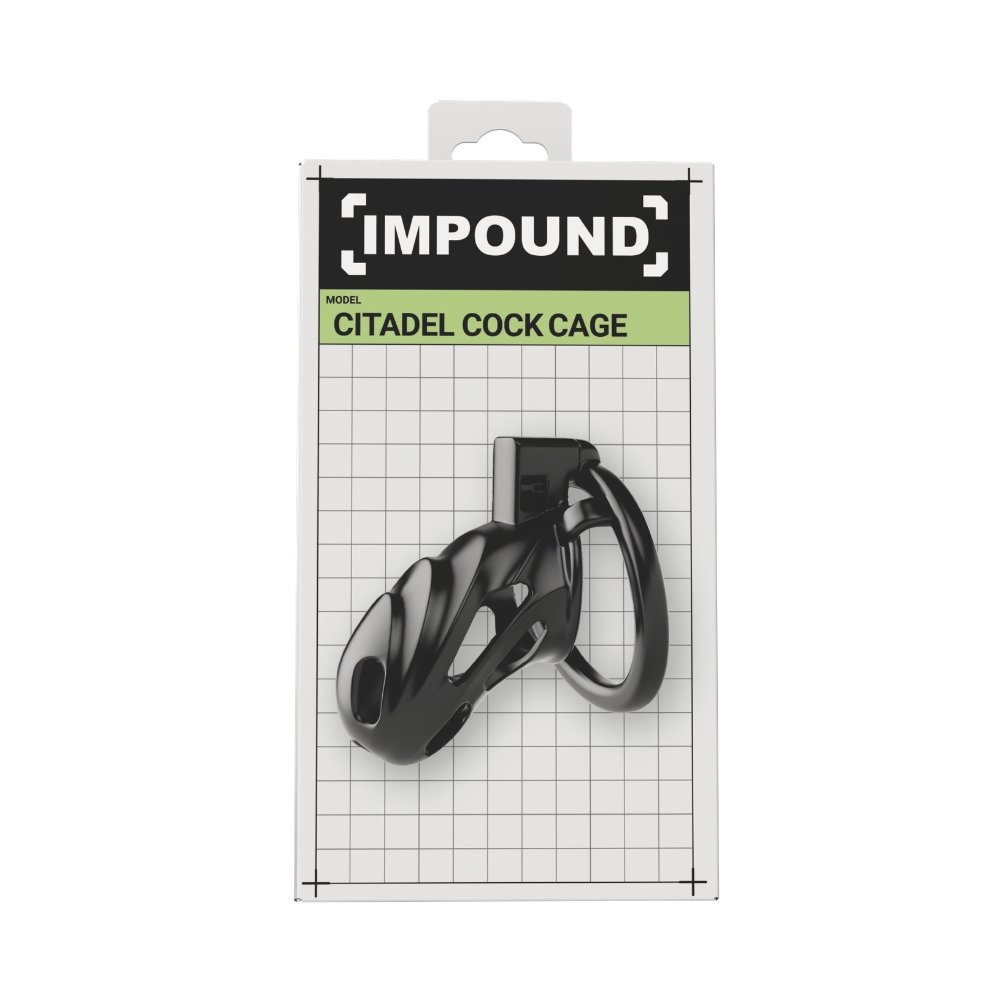 Impound Citadel Cock Cage in black, displayed in retail packaging with grid background