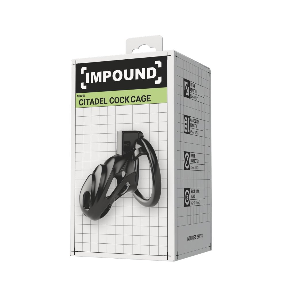 Impound Citadel Cock Cage packaging with black chastity device and product specifications on white grid box