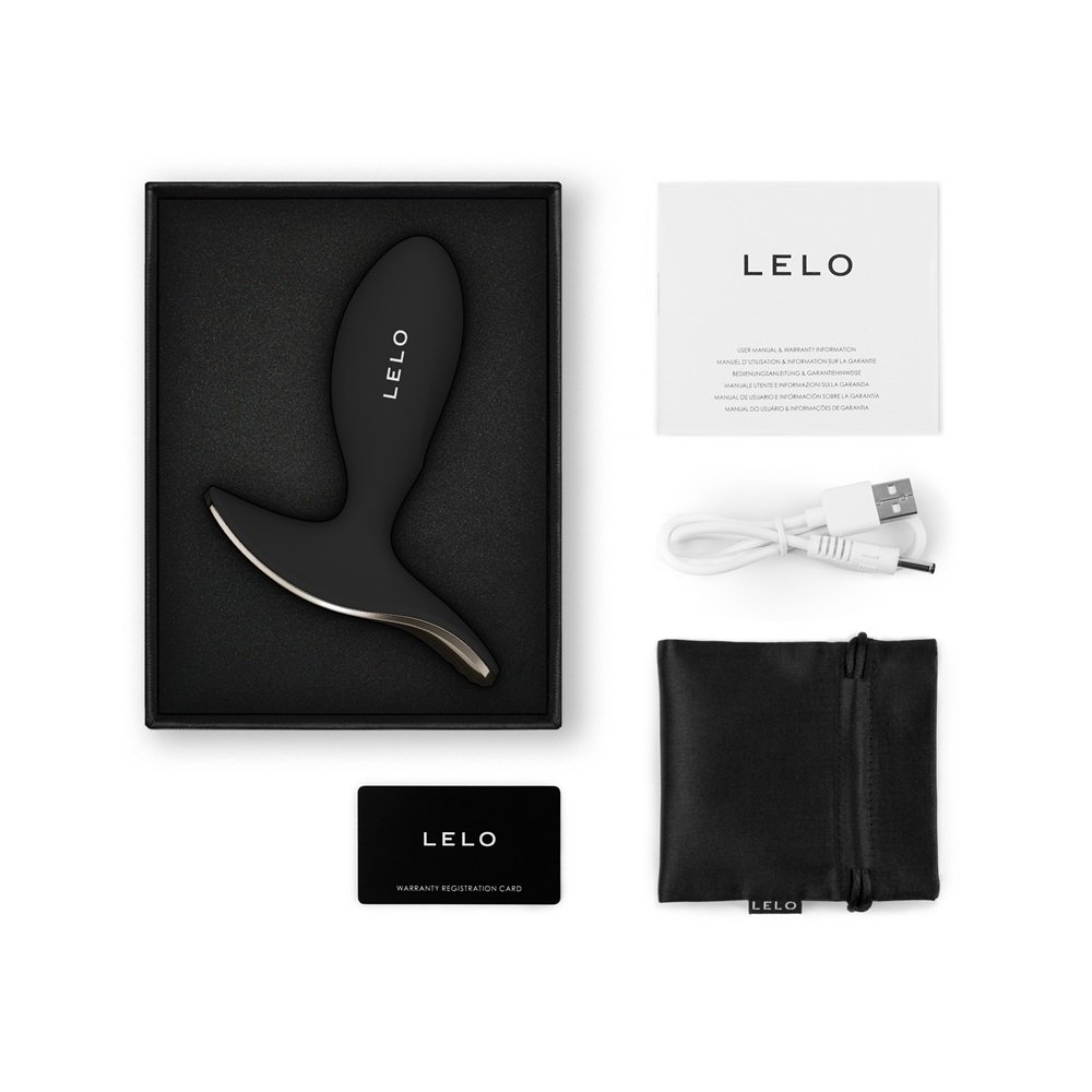 LELO Surfer 2 black vibrating anal plug with USB cable, pouch, manual, and warranty card in box