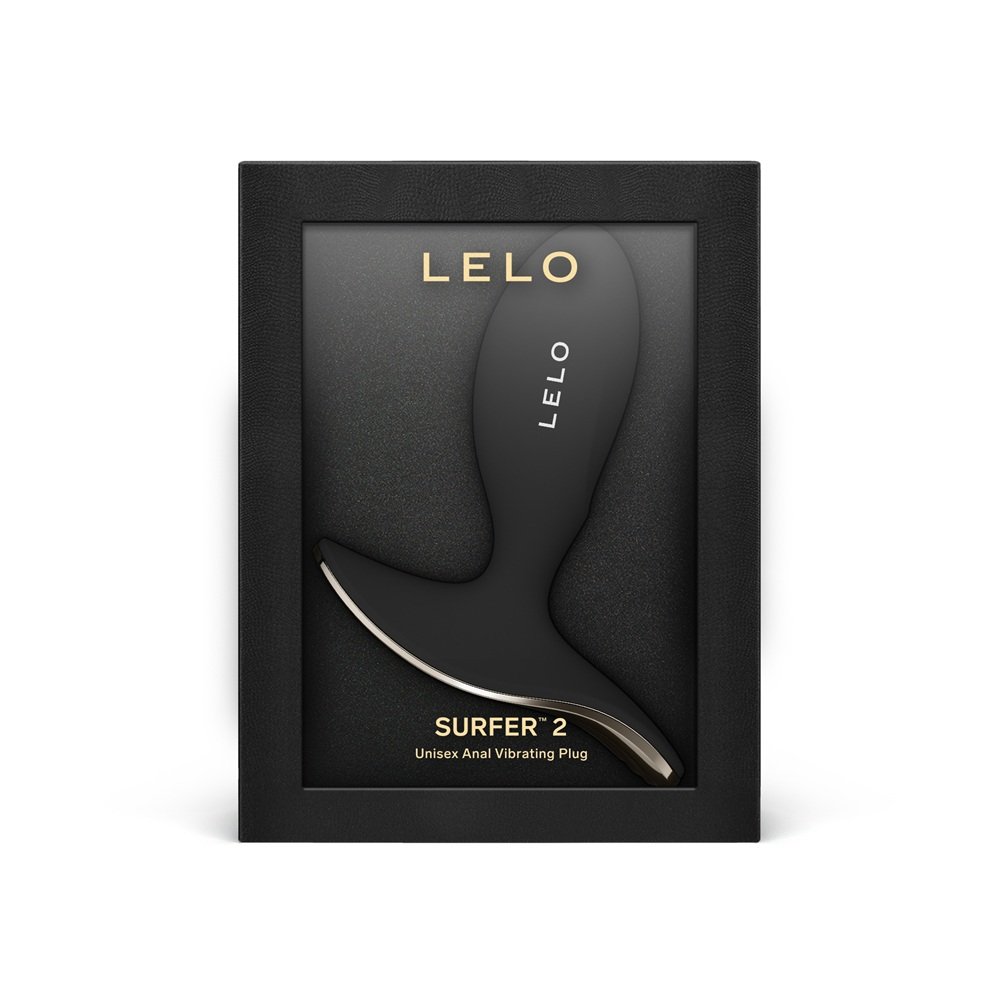 LELO Surfer 2 unisex anal vibrating plug in black packaging with gold branding and product visible through window