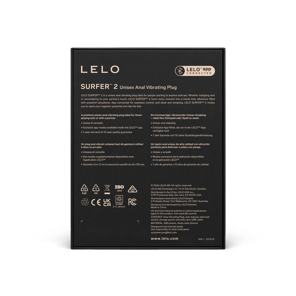 LELO Surfer 2 unisex anal vibrating plug retail box with multilingual product details and app connectivity icons