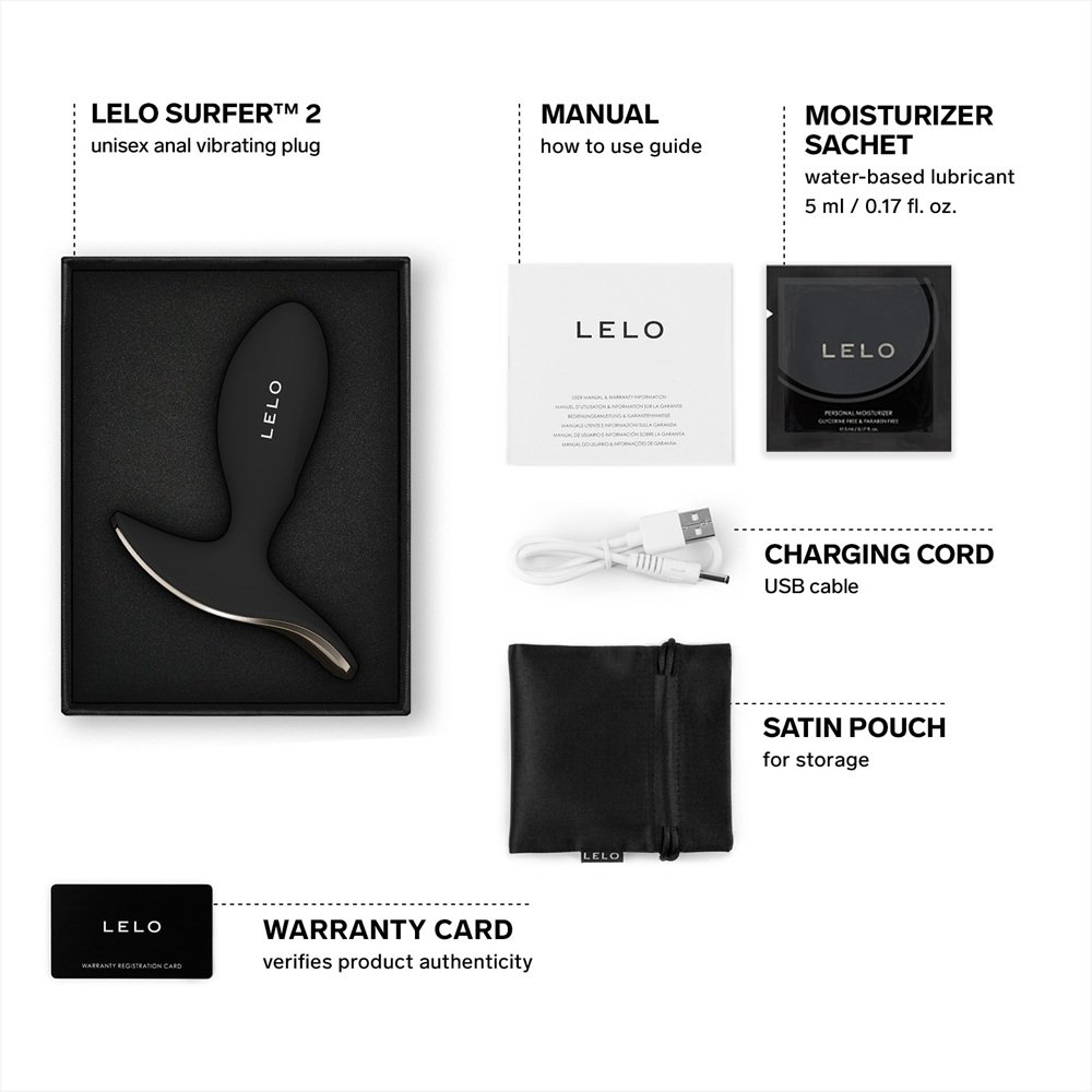 LELO Surfer 2 black vibrating anal plug with manual, USB charging cord, satin pouch, lubricant sachet, warranty card