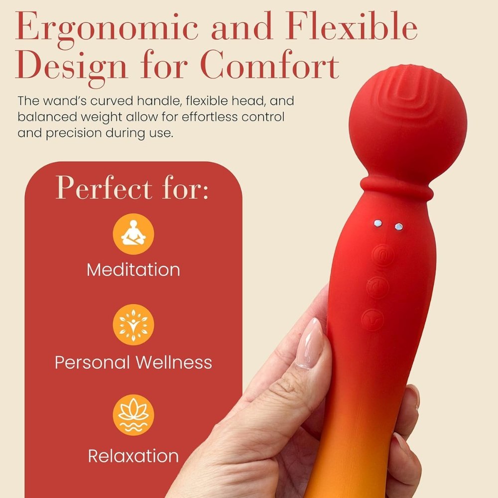 Hand holding MYLO 3-in-1 Body Wand Massager Fire with red-orange gradient, curved handle, and flexible head