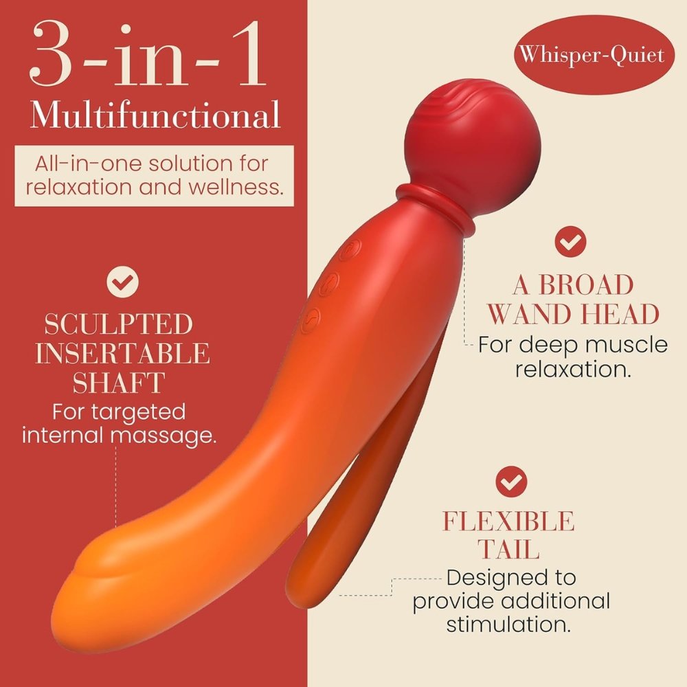 MYLO 3-in-1 multifunctional body wand massager with broad head, sculpted shaft, and flexible tail in red-orange