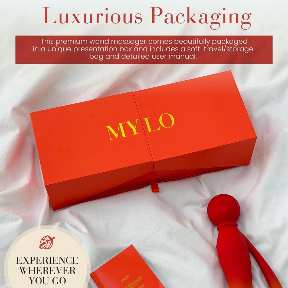 MYLO 3-in-1 body wand massager Fire with red presentation box, manual, and storage bag on white fabric