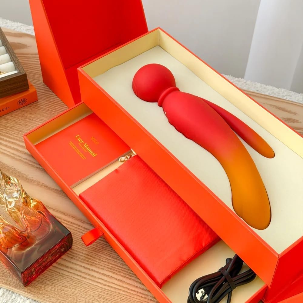 MYLO 3-in-1 Body Wand Massager Fire in red and orange, presented in orange gift box with accessories