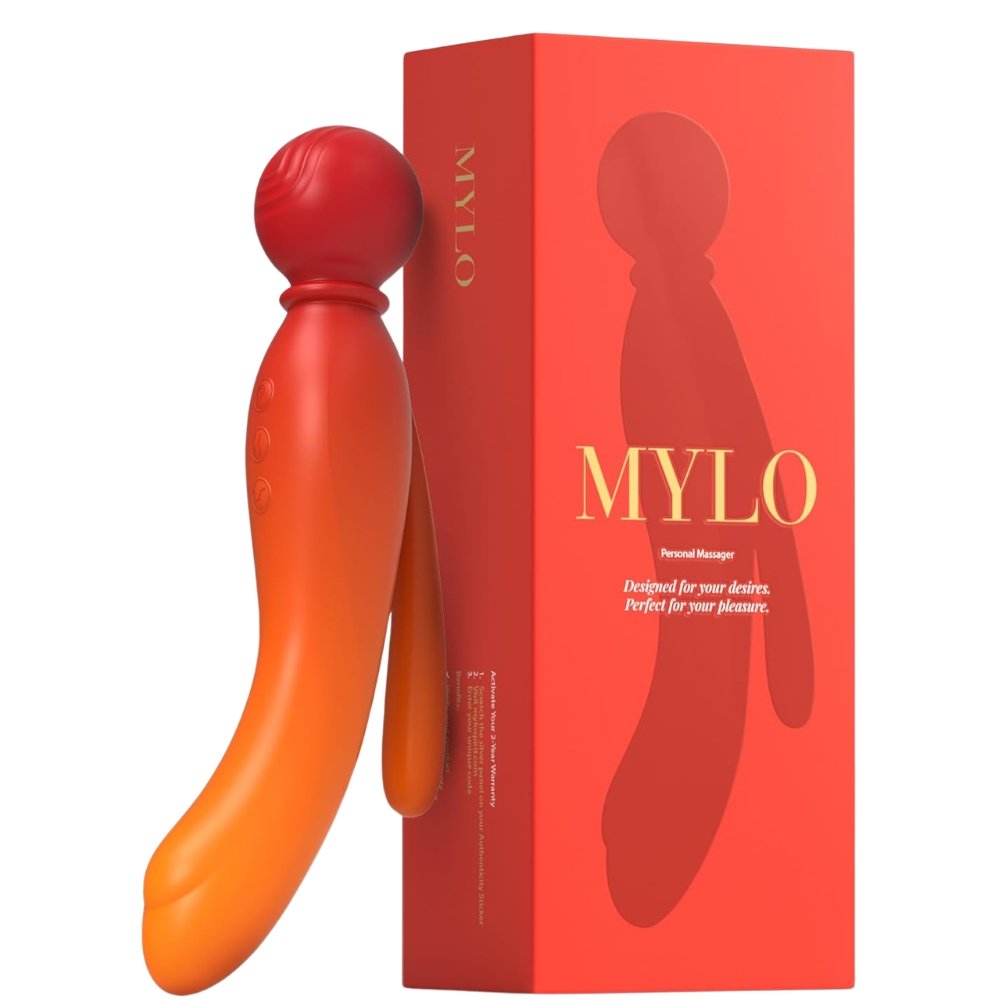 MYLO 3-in-1 body wand massager in red-orange with matching branded box, Playtime category