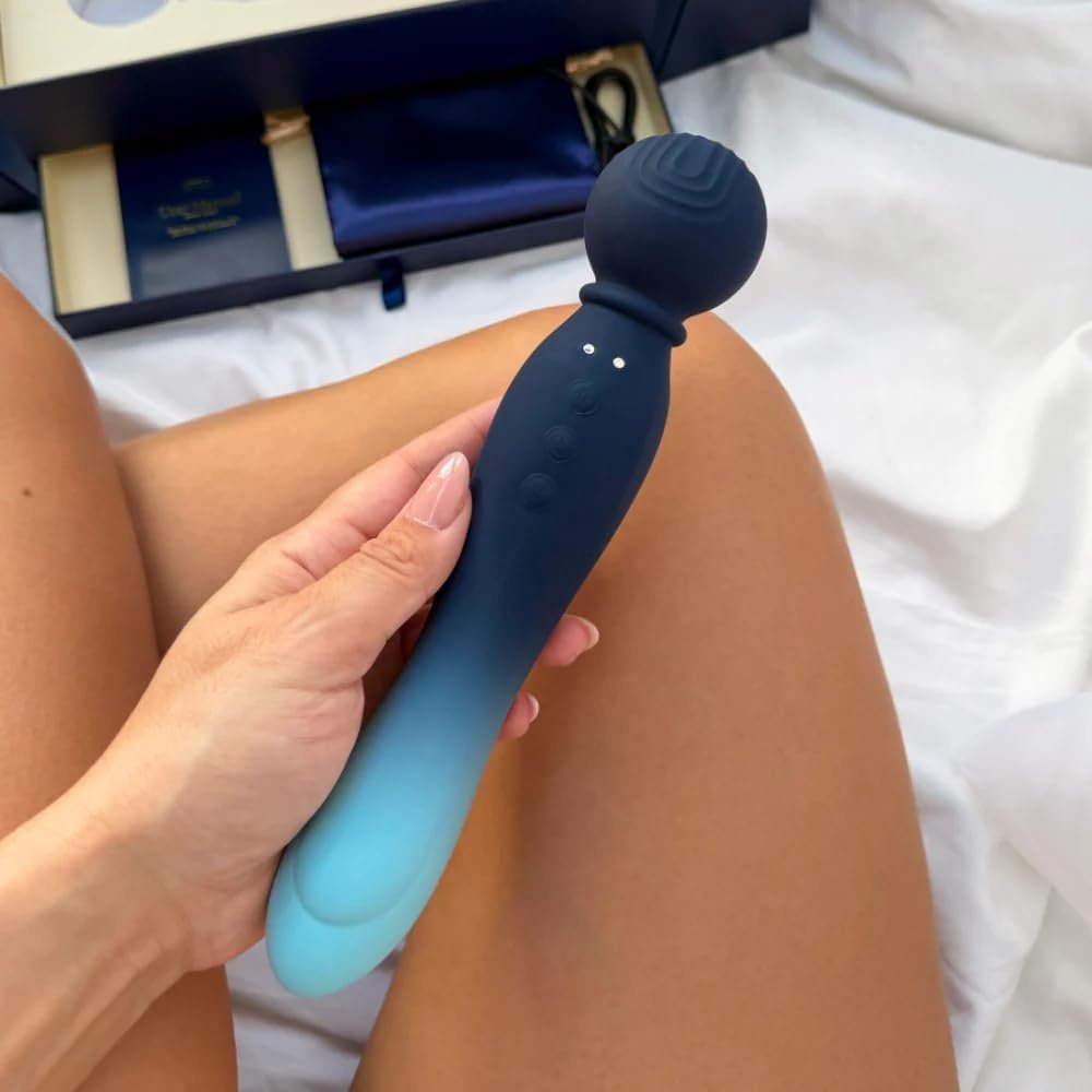 MYLO 3-in-1 body wand massager with blue gradient design held in hand, Playtime category