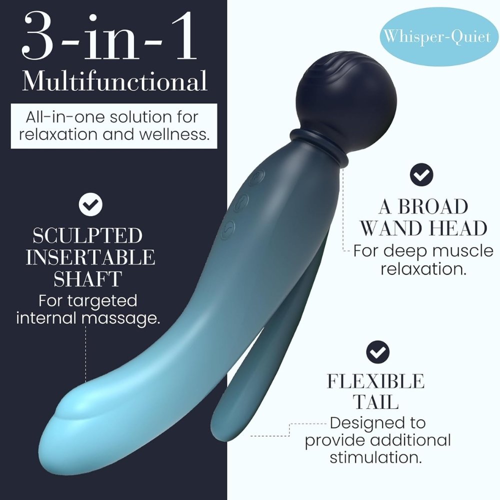 MYLO 3-in-1 multifunctional body wand massager with broad head, sculpted shaft, and flexible tail