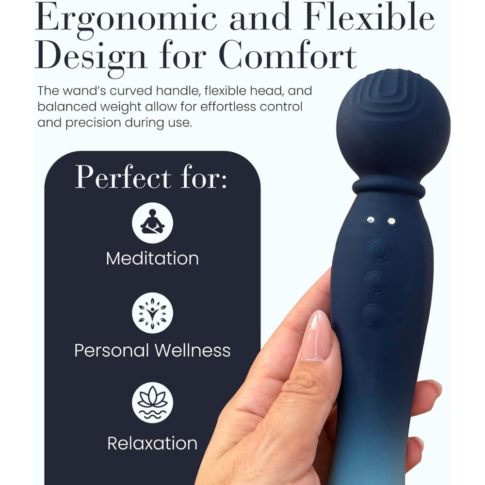 Hand holding MYLO 3-in-1 body wand massager with blue gradient handle and three control buttons, Playtime category