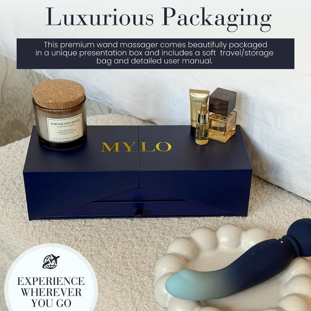 MYLO 3-in-1 body wand massager in blue with luxury gift box, candle, and perfume on a table