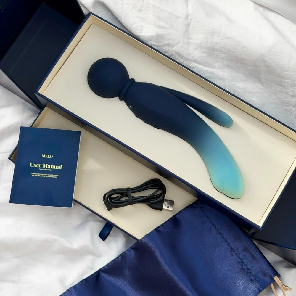 MYLO 3-in-1 body wand massager in blue gradient with USB charging cable and storage pouch in gift box