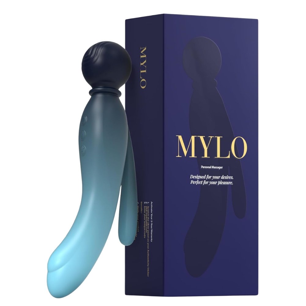 MYLO 3-in-1 body wand massager in blue gradient finish next to branded packaging