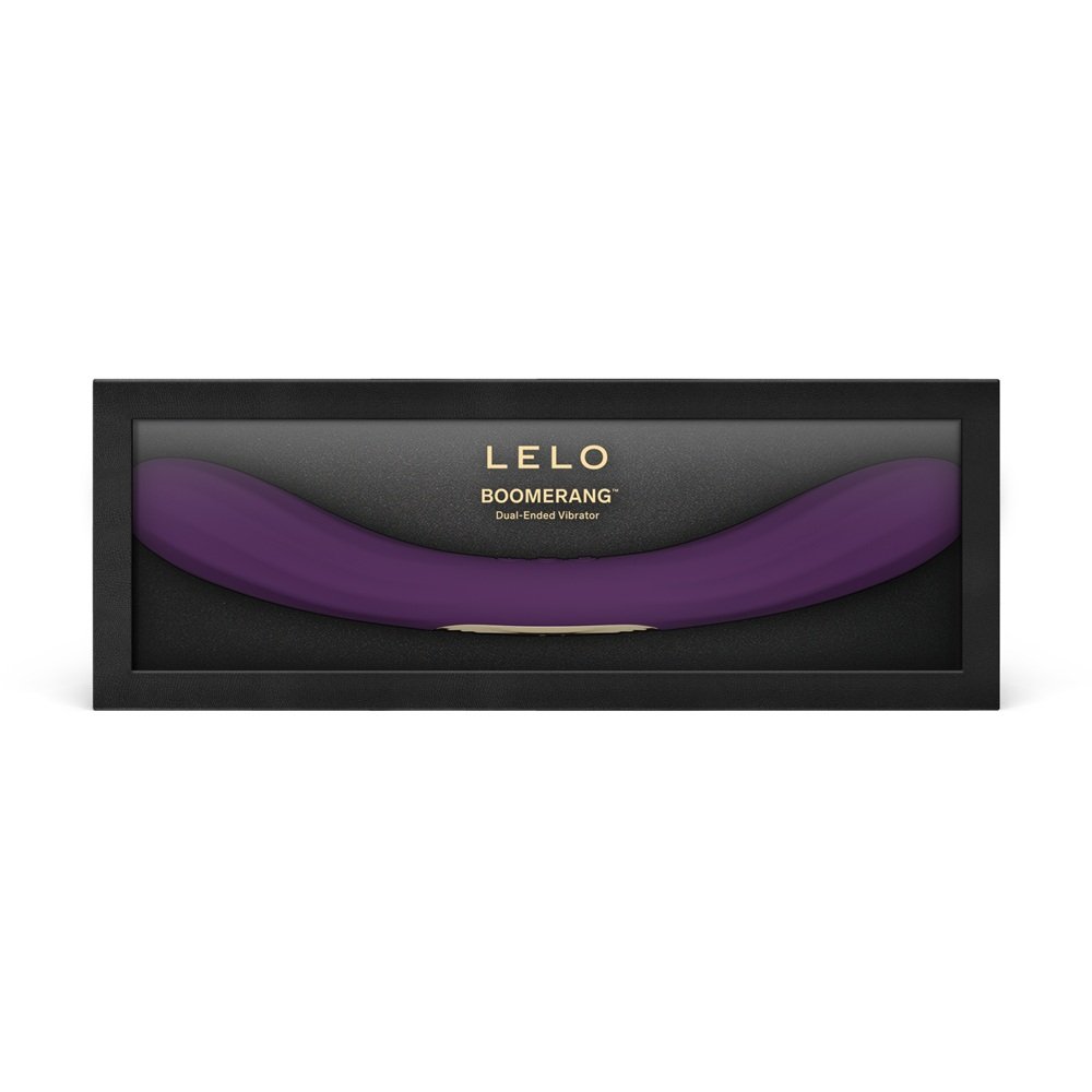 LELO Boomerang dual ended purple vibrator in black display box with gold branding