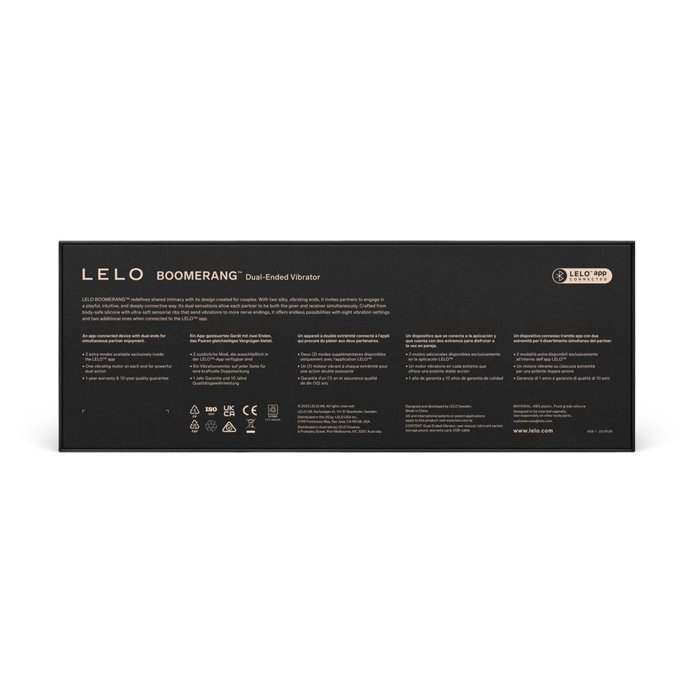 LELO Boomerang Dual Ended Vibrator packaging with product details and app connectivity information