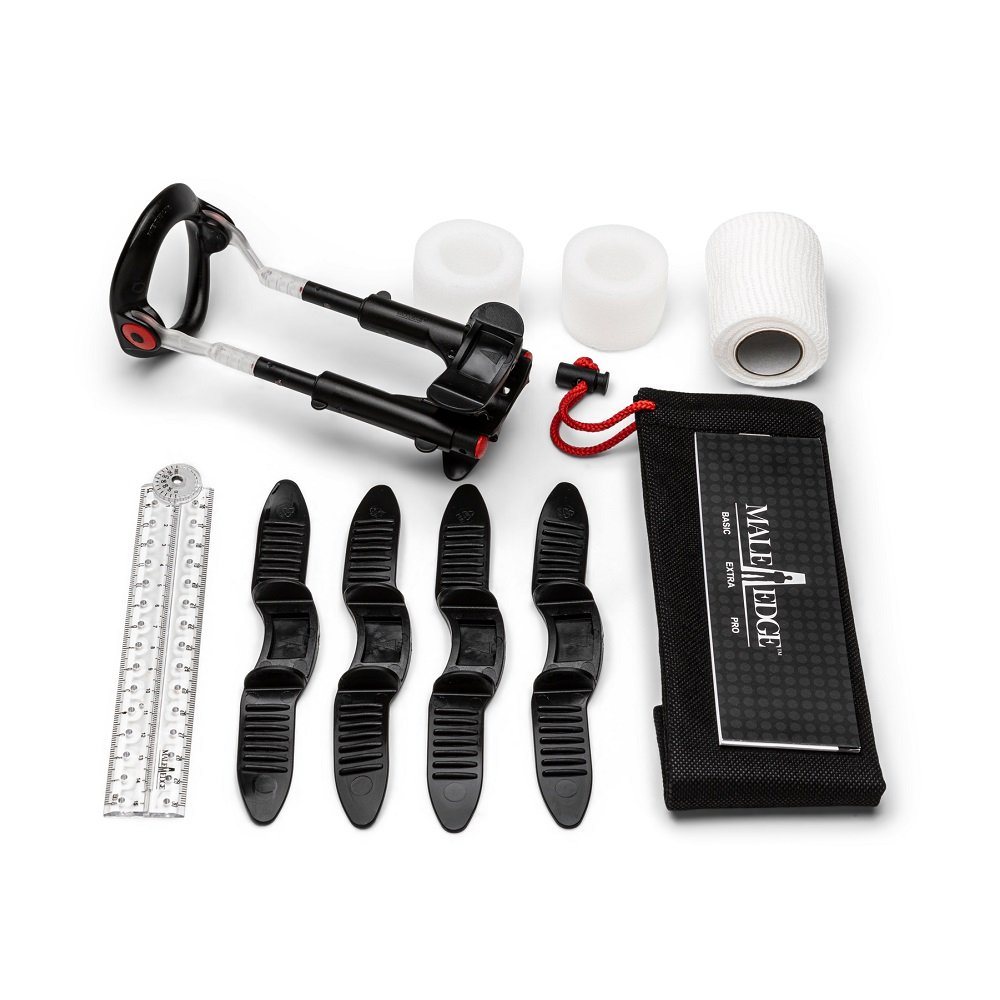 Male Edge Pro set with adjustable device, foam pads, ruler, straps, and black carrying pouch