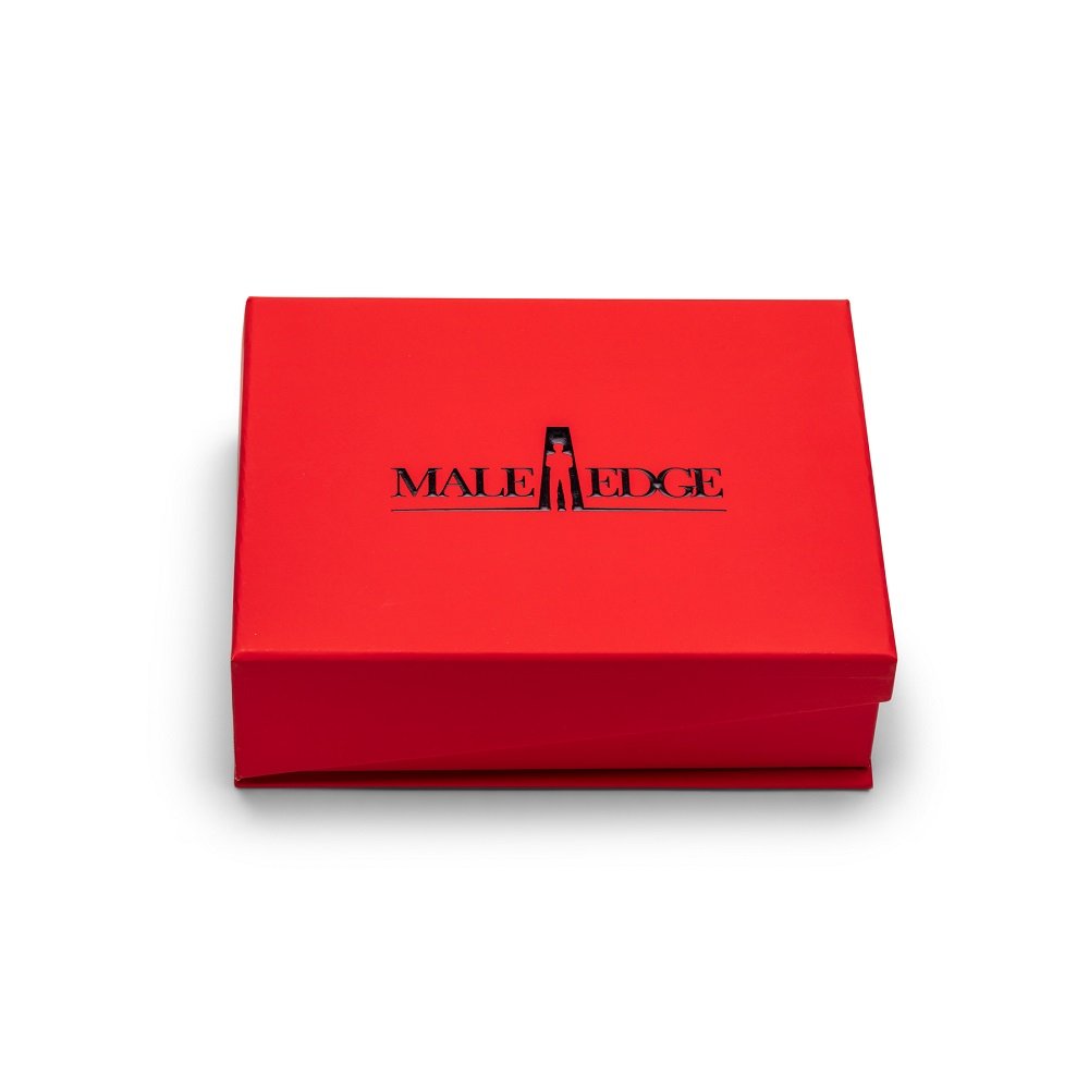 Red Male Edge branded rectangular box with black logo on lid