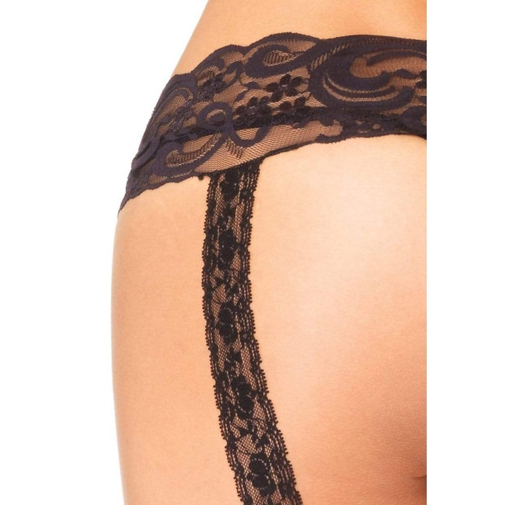 Sheer black lace stockings with floral backseam detail from Leg Avenue